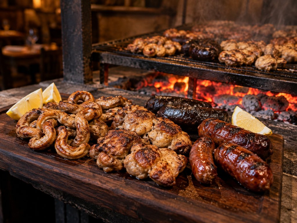 Achuras surtidas, chorizos y carnes asados a las brasas
