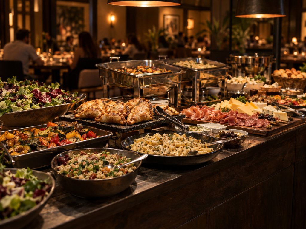 Buffet variado con ensaladas, pastas, carnes y platos calientes