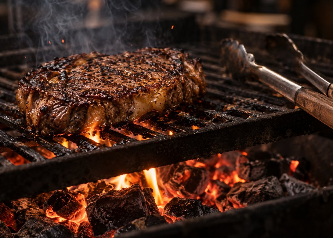 Carne asándose sobre las brasas en la parrilla
