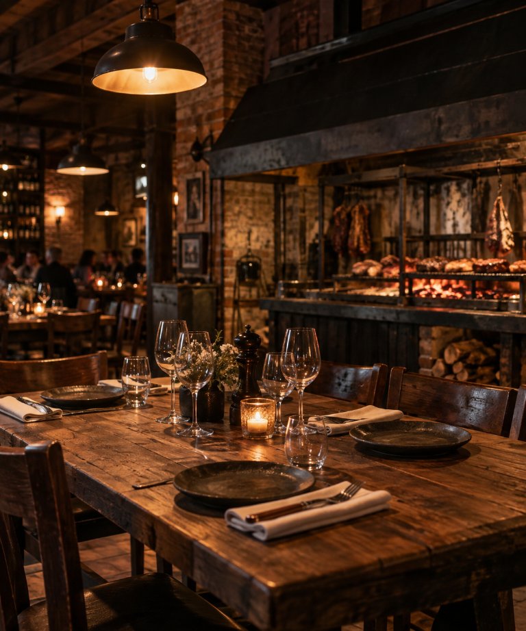 Salón cálido de restaurante con mesas de madera, copas y parrilla al fondo