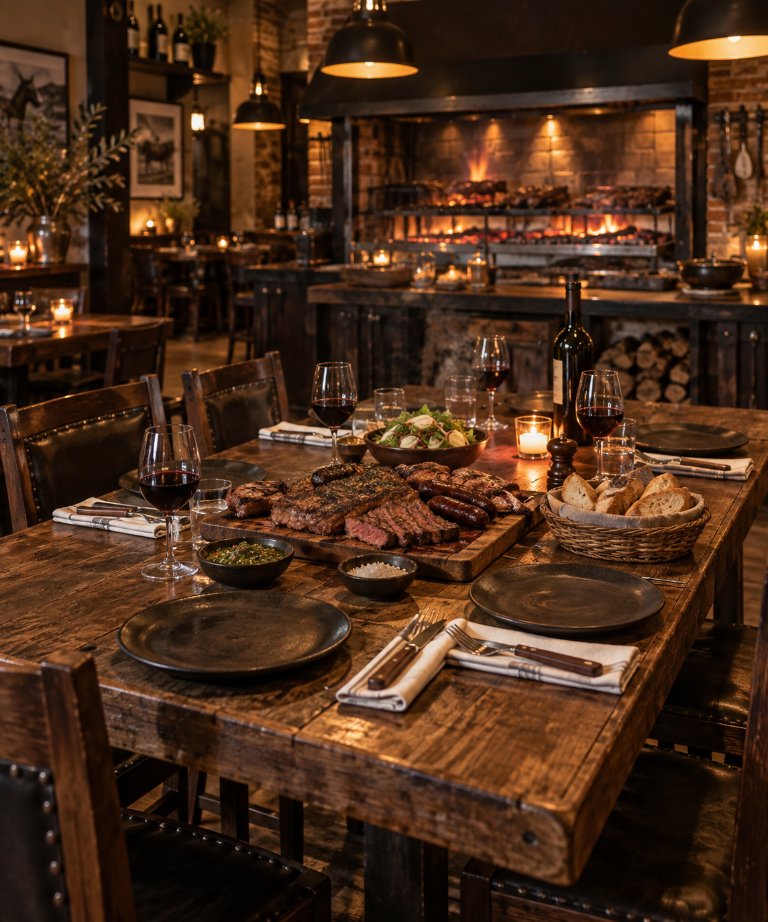 Mesa de madera servida con parrilla y brasas al fondo, en un salón cálido
